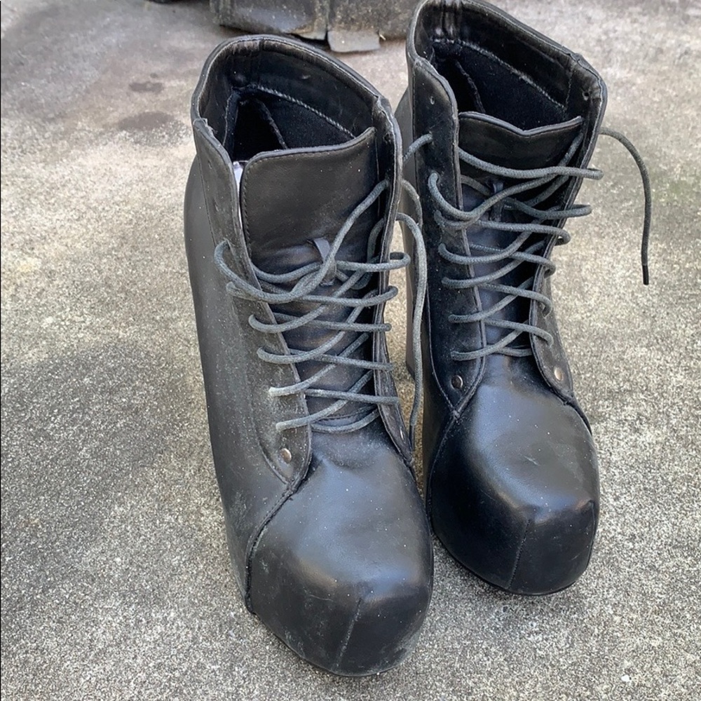 Black leather heeled booties